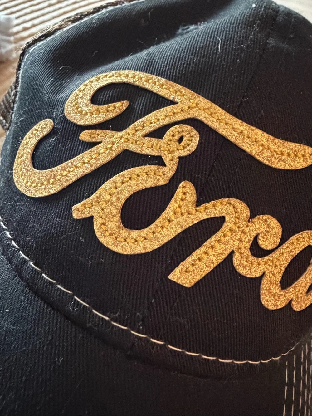 Ford Women’s Black Cap with Sparkle Gold Script Logo